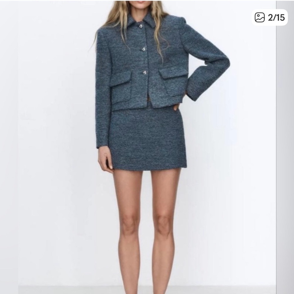 Zara Blue Tweed Jacket with Metallic Buttons